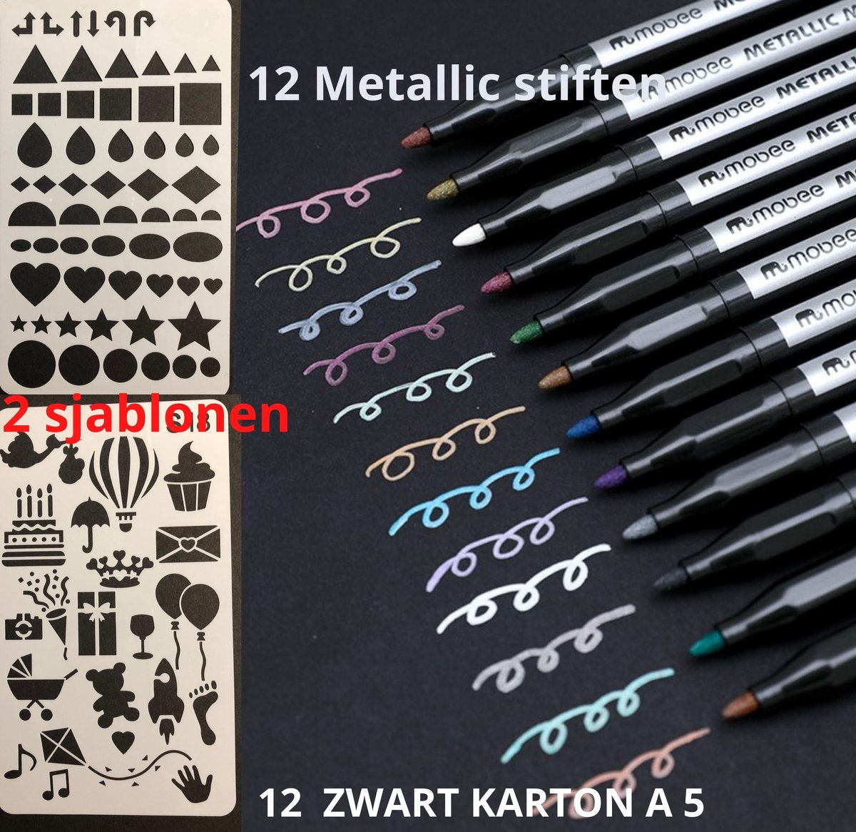 HappyStone Acryl Metallic marker stiften 12 kleuren | 1 mm | inclusief Sjablonen | Acrylverf | Tekenset | Mandala | Acrylstiften voor stenen schilderen | Happy Stones maken